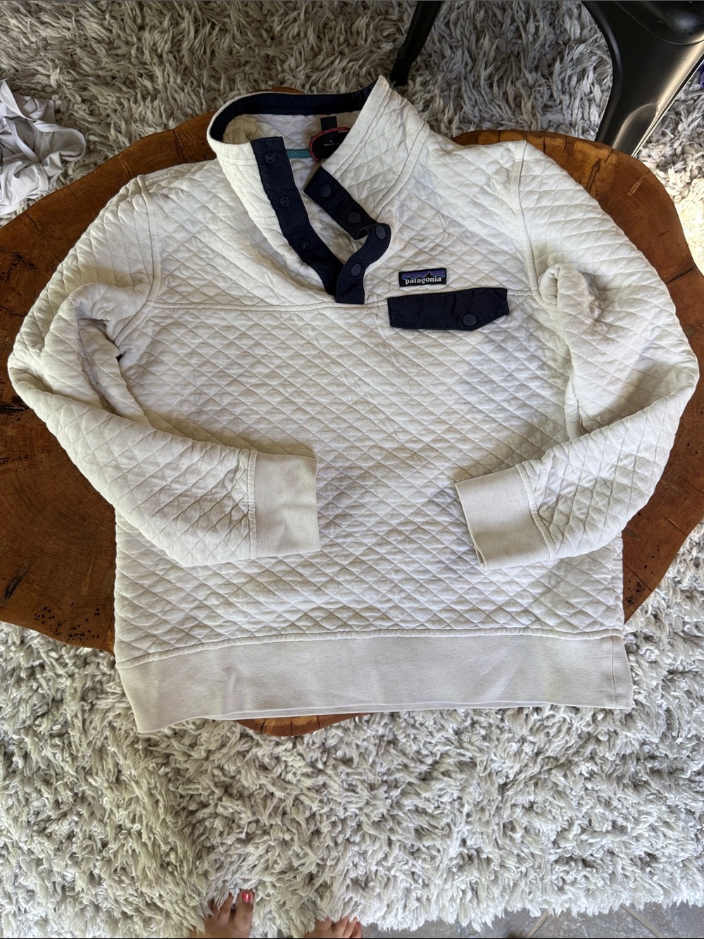 Patagonia Women’s Quilted Zip-Neck Sweater - Cream with Navy Accents